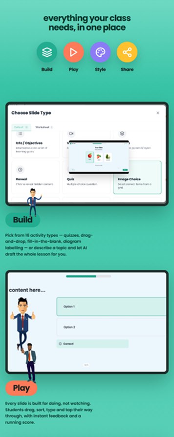 Mobile landing page showing Build, Play, Style and Share sections introduced one at a time